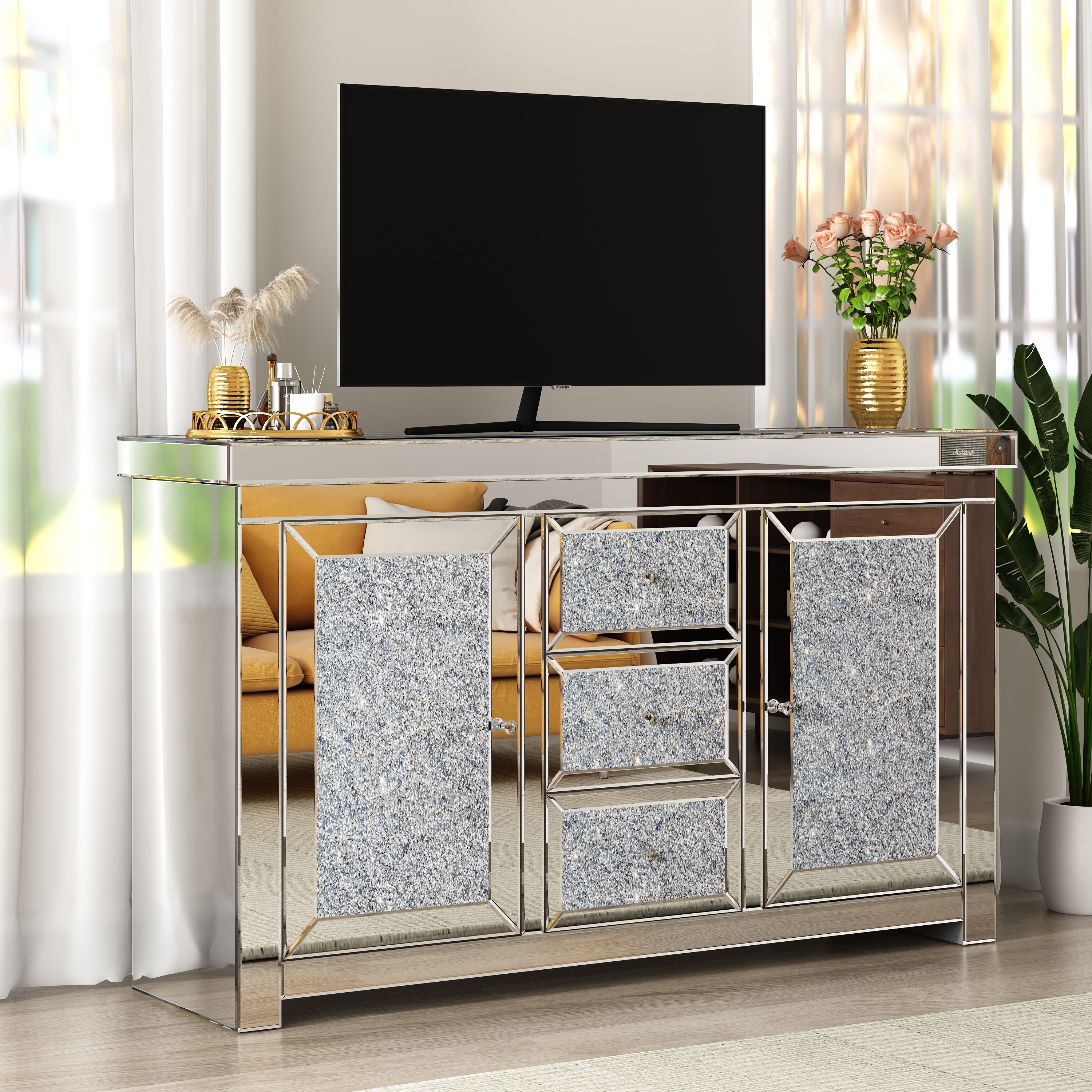 Glam Mirrored Diamond 3-Drawers Accent Cabinet Sideboard