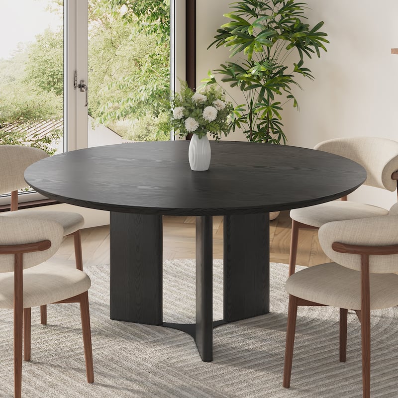 59" Modern Round Dining Table for 6-8, Black Solid Wood Texture, with 3 Stable Wood Legs - Black