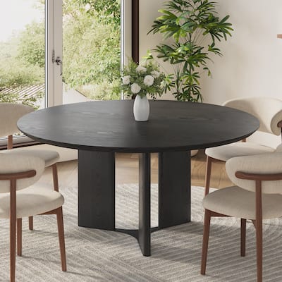 59" Modern Round Dining Table for 6-8, Black Solid Wood Texture, with 3 Stable Wood Legs