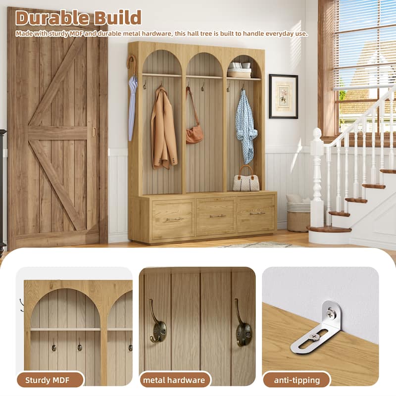 Wooden Style Hall Tree with Arched Design, Entryway Bench with Retro Hooks, Rustic Coat Rack & Shoe Organizer with Drawers