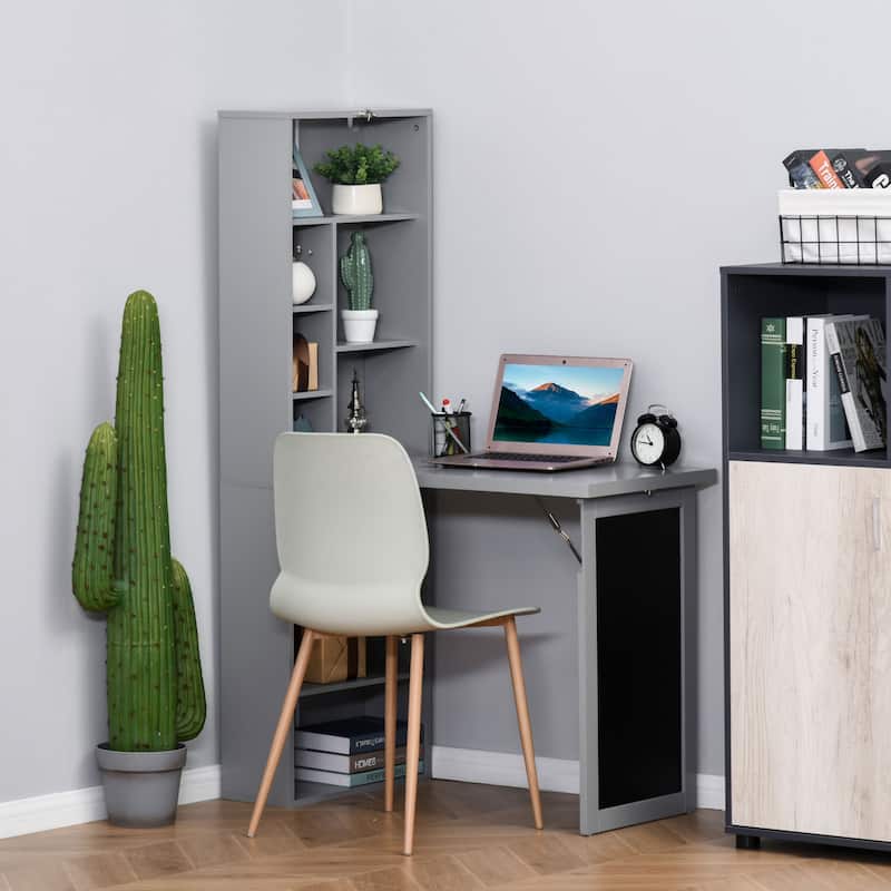 Fold-out Convertible Writing Table, Wall Mount Desk Cabinet, Home Office Desk with Side Shelf and Writing Blackboard
