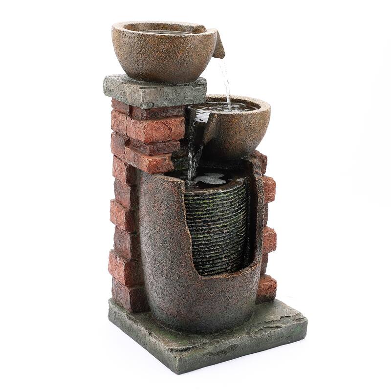 23" H Bowls and Bricks Resin Outdoor Fountain with LED Lights