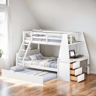 Artsy Twin over Full Bunk Bed with Trundle and Convenient Built-in Desk, Three Storage Drawers and Shelf, White