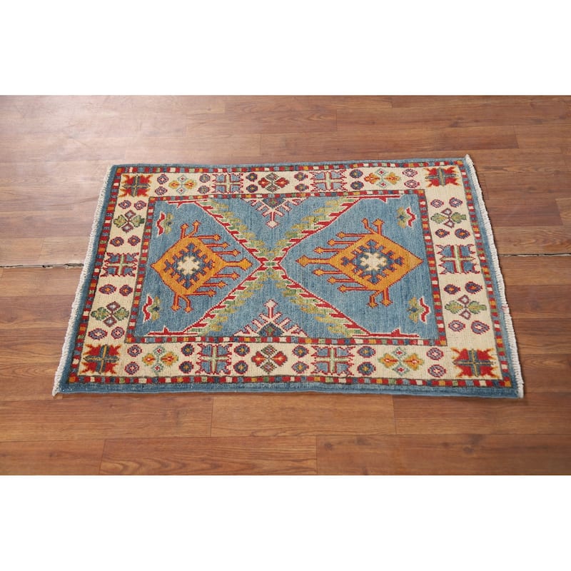 Light Blue Geometric Kazak Foyer Rug Handmade Wool Carpet - 2'0" x 3'0"