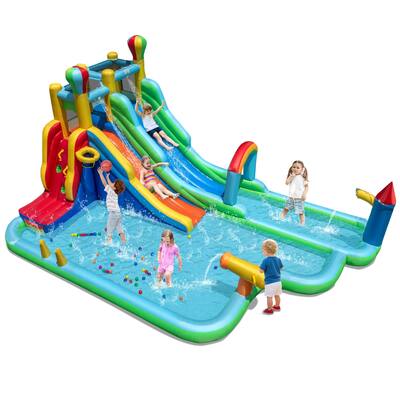 Large Inflatable Water Slide Park with Dual Slides Climbing Wall Pools and Water Cannon for Kids - 225" x 145.5" x 105"