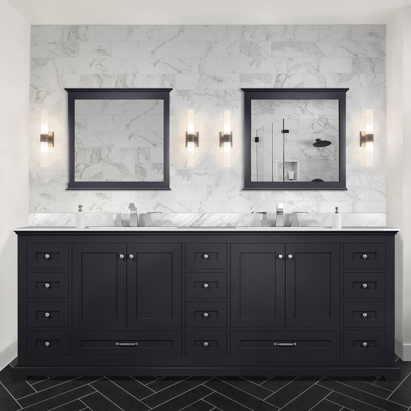 Dukes 84 in. W x 22 in. D Navy Blue Double Bath Vanity, Carrara Marble Top, Faucet Set, and 34 in. Mirrors