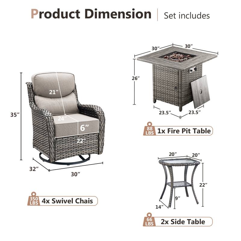 Pocassy Outdoor 6" Swivel Chairs with Fire Pit Table