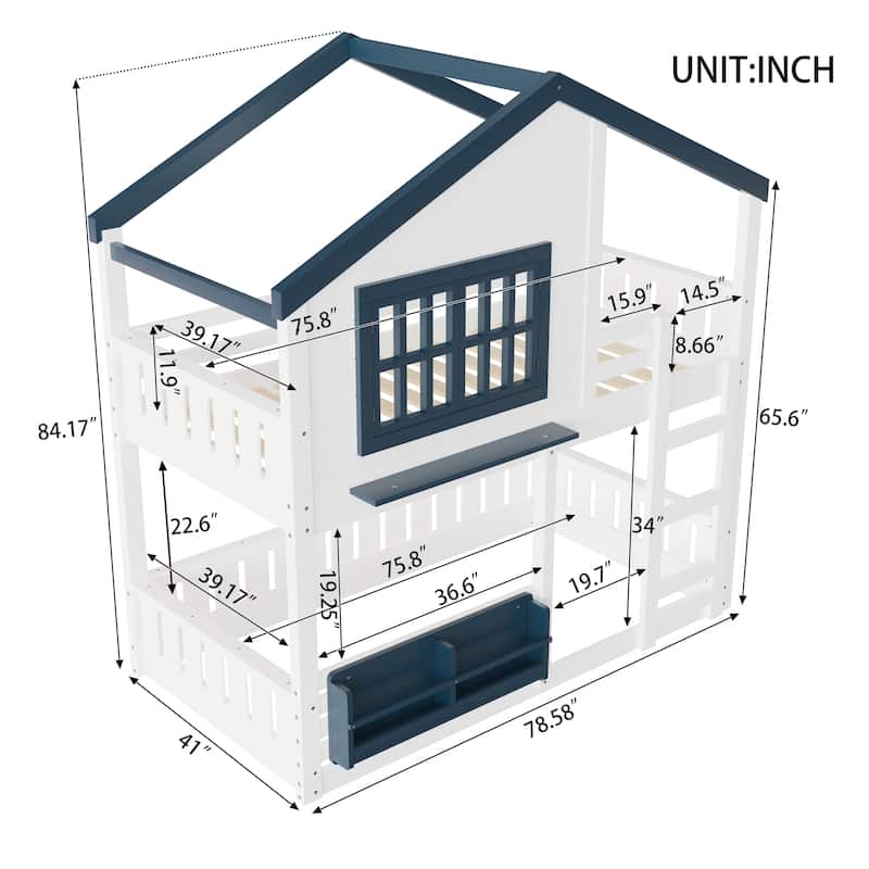 Twin/Full House Bunk Bed with Bookshelf, Safety Fence, Ladder and Loft Play Area, Wooden Kids Bed Frame