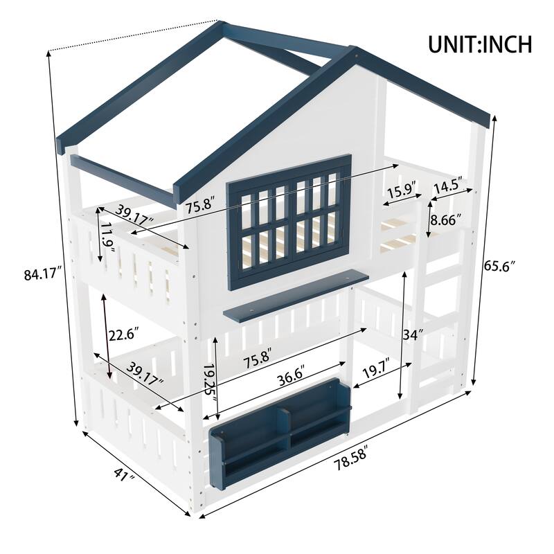 Twin Size Bunk Bed/Loft Bed with Bookshelf, House Design, High-Quality Safety Fencing