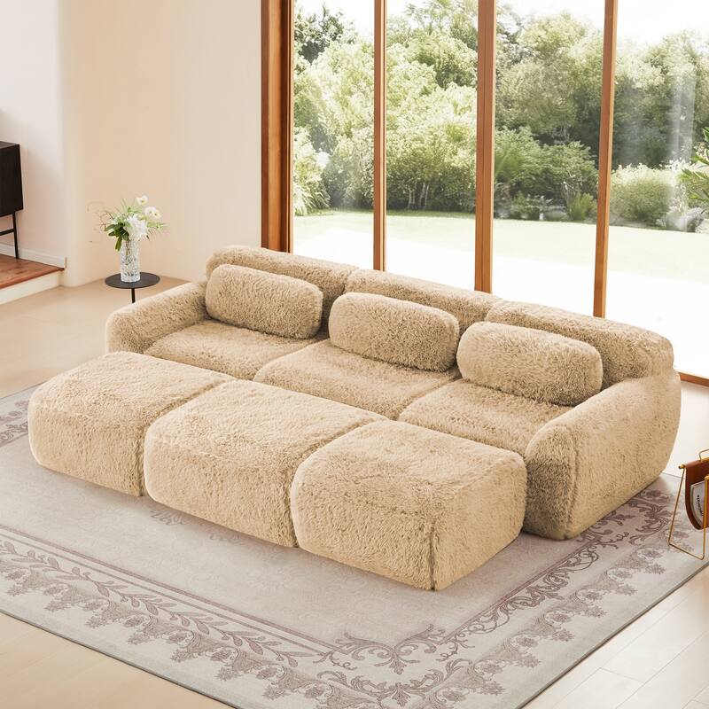 Anmytek 3-Seater Modular Sectional Sofa Soft Plush Fabric Movable Ottoman Non-Slip Base No Assembly - Khaki