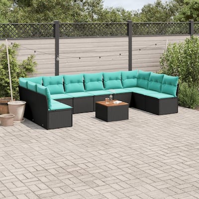 vidaXL 11 Piece Patio Sofa Set with Cushions Black Poly Rattan - 24.4 x 24.4 x 27.2