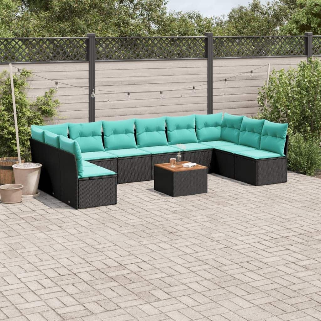 vidaXL 11 Piece Patio Sofa Set with Cushions Black Poly Rattan - 24.4 x 24.4 x 27.2