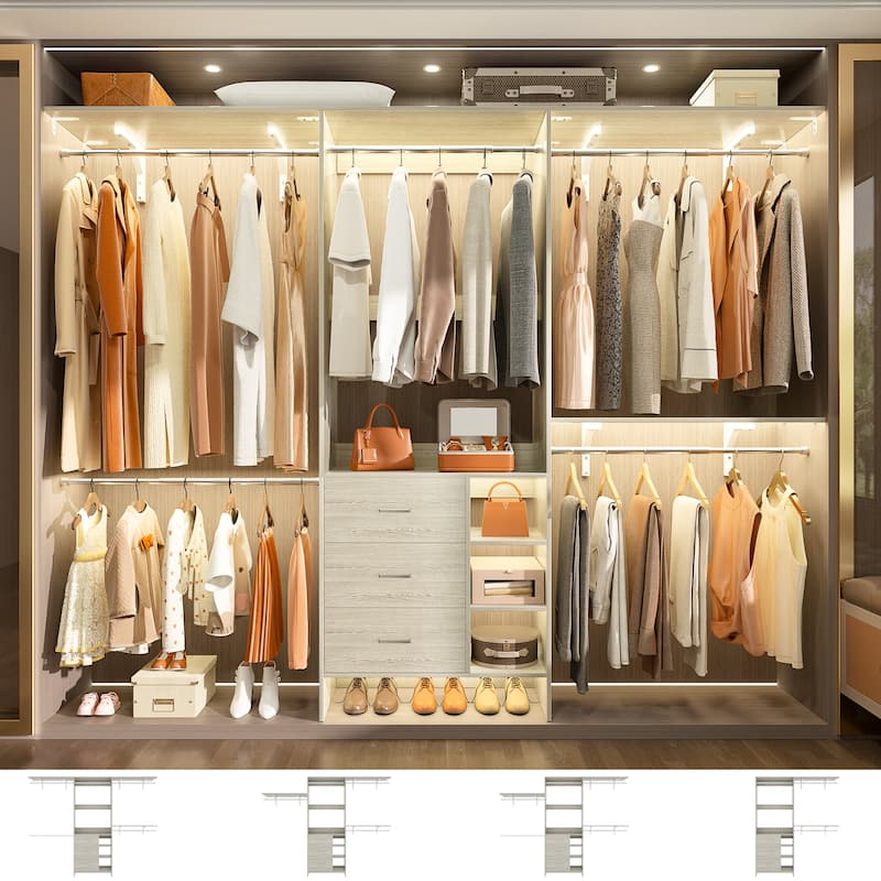 Rackcog 96'' W Closet Organizer with Drawers and Hanging Rods, Wardrobe Closet System (can be cut to fit)