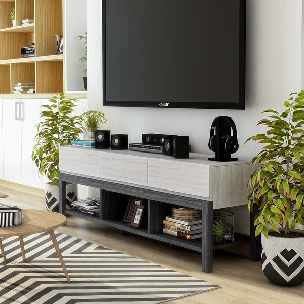 Furniture of America Tiska Modern White and Grey 60-inch 3-shelf TV Console. Opens flyout.