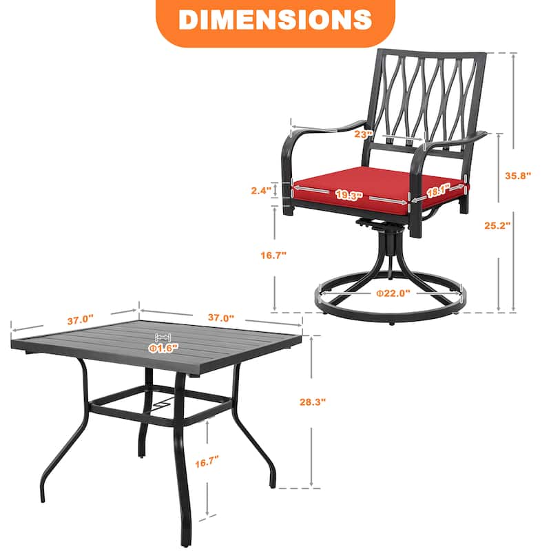 Outdoor 5-Piece Dining Set for Square Iron Umbrella Dining Table and Cushioned Swivel Chairs