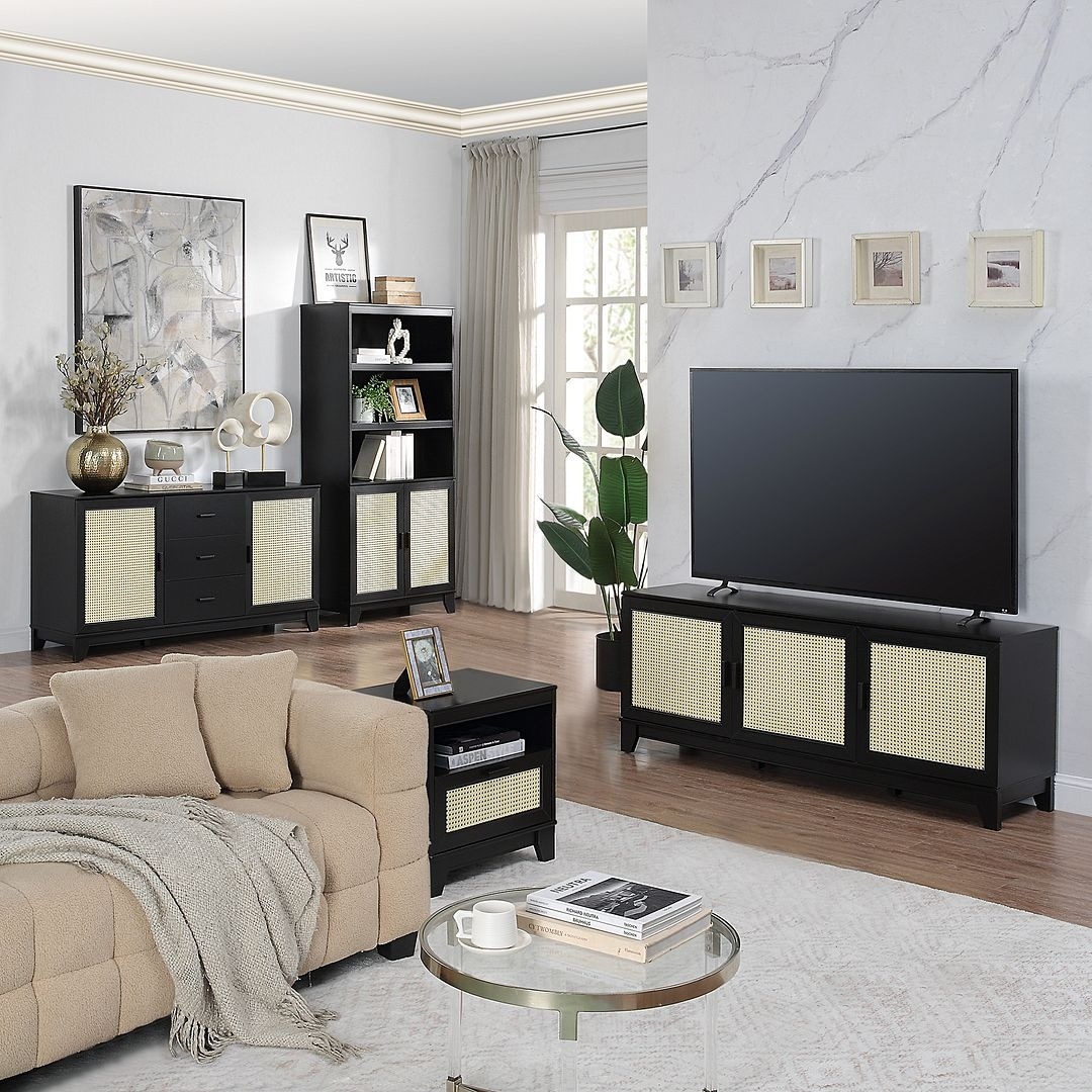 Manhattan Comfort Sheridan Modern Cane 4-Piece Set: Bookcase, TV Stand, Sideboard, End Table in Black Manhattan Comfort Sheridan Modern Cane 4-Piece Set: Bookcase, TV Stand, Sideboard, End Table in Black