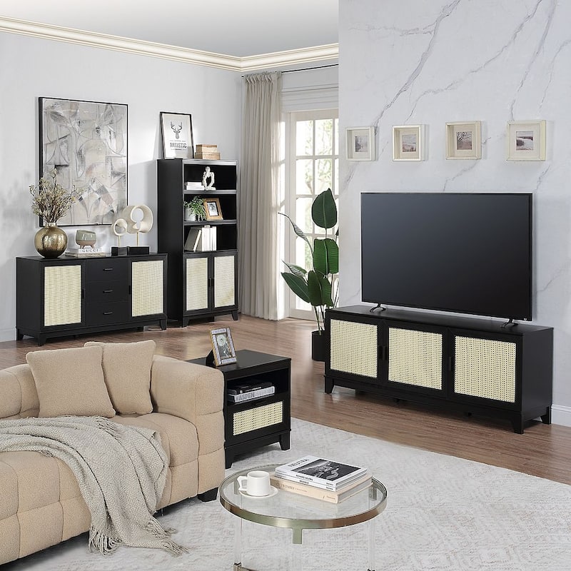 Manhattan Comfort Sheridan Modern Cane 4-Piece Living Room Table Set - Black