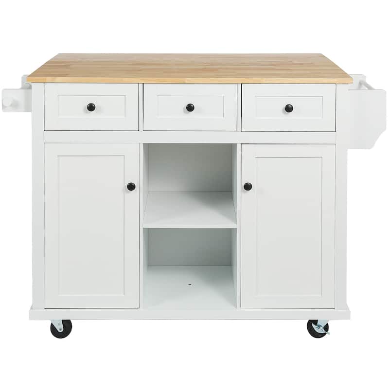 53 in. Rubber Wood Drop-Leaf Countertop Kitchen Island on 5 Wheels with Storage Cabinet and 3 Drawers - 53''