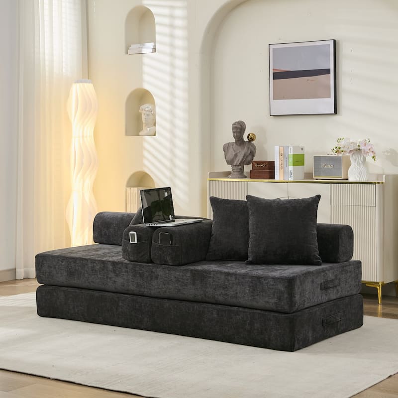3-Tier Design Convertible Chenille Sofa Bed, Folding Sleeper Floor Sofa with Pillows, No-Assembly Modular Sofa Couch