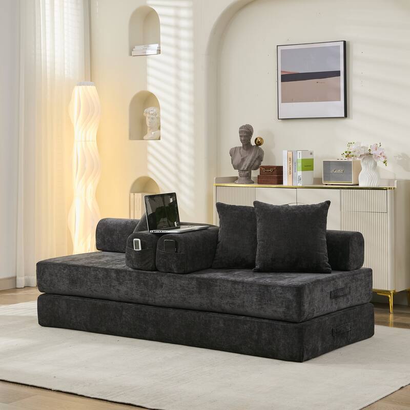 Chenille Folding Sofa Floor Sleeper Bed Chaise Lounger Couch 3-in-1 Comfy Mattress with Reversible Arm Pillows and Non-slip Pad