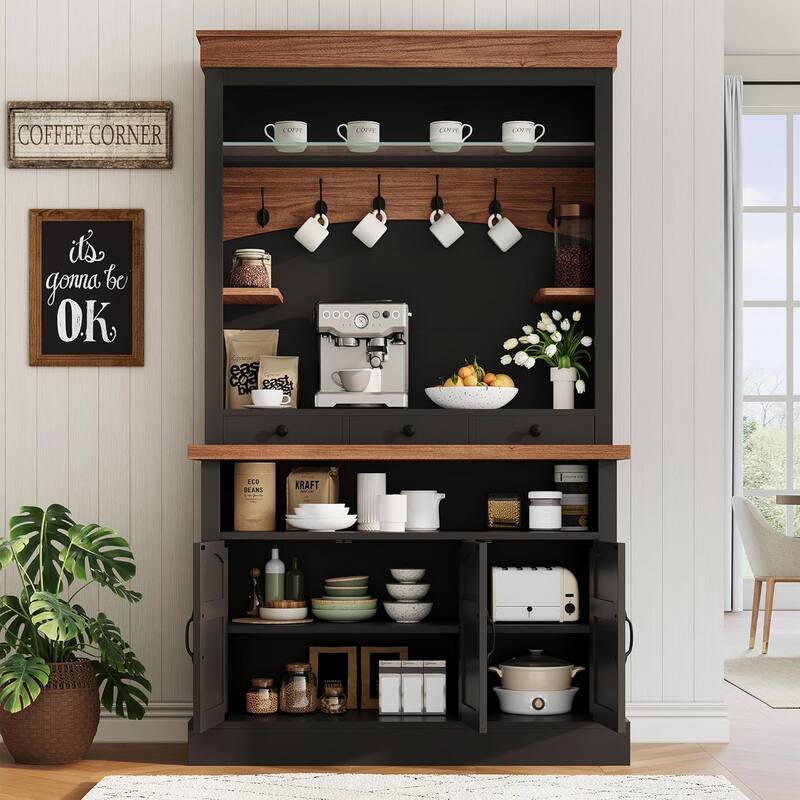 Coffee Bar Cabinet with LED Light, 72" Tall Farmhouse Coffee Bar Hutch with Storage