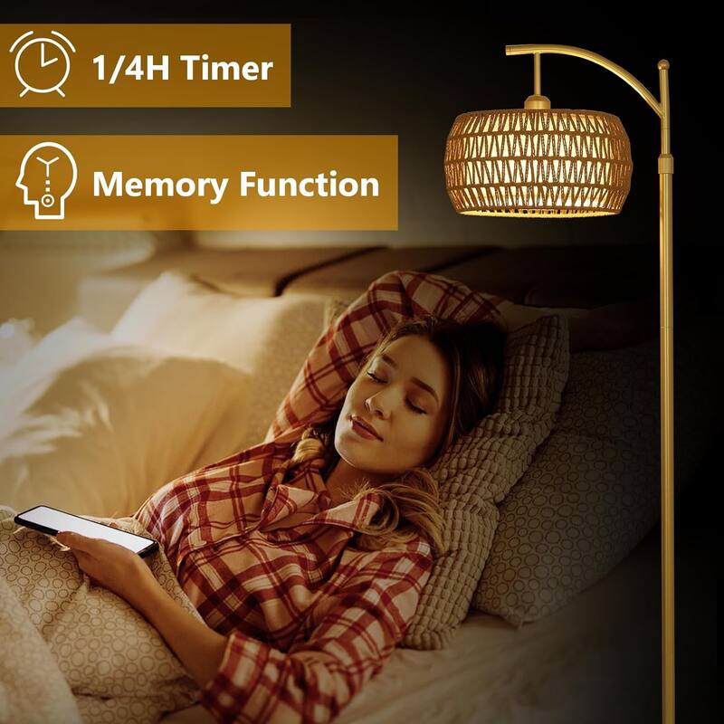 Arc Floor Lamp with 3 Color Temperatures,LED Lamp with Remote & Stepless Dimmable Bulb,Standing Lamp with Rattan & Fabric Shades
