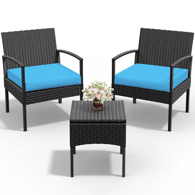 3 PCS Outdoor Patio Bistro, Rattan Conversation Chairs Set, Balcony Furniture Set - 28"H x 23.3"W x 23.3"D - Blue
