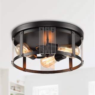 13" Industrail Black 3-Light Flush Mount Caged Ceiling Light