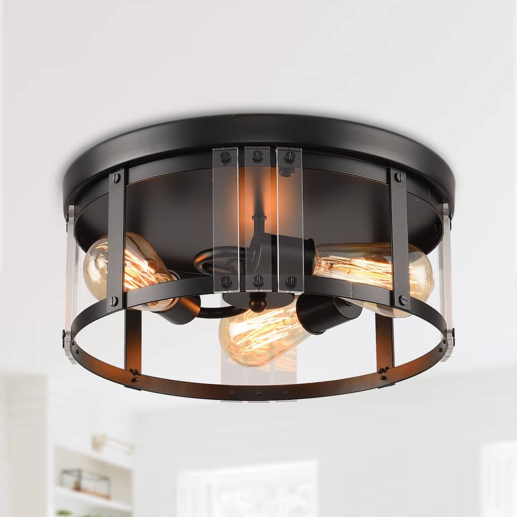 13" Industrail Black 3-Light Flush Mount Caged Ceiling Light - N/A