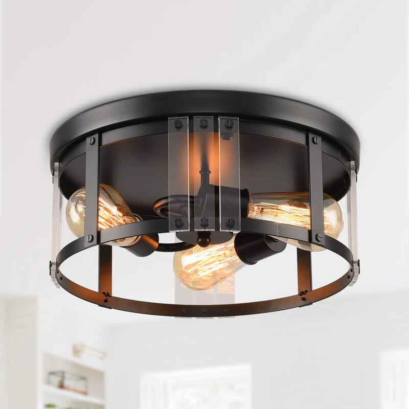 13" Industrail Black 3-Light Flush Mount Caged Ceiling Light - N/A