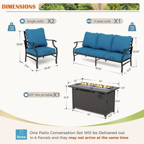 dimension image slide 10 of 19, MAISON ARTS Outdoor Sofa Set 4/6-Piece Patio Conversation Set with 45'' Gas Fire Pit Table