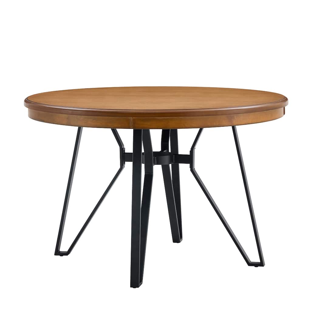 Mid-Century Modern Round Dining Table with Four Metal Hairpin-Inspired Legs