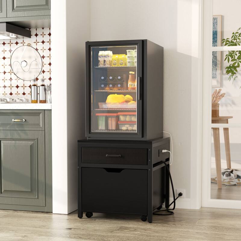 Mini Fridge Stand with Charge Station, Side/ End Table with Storage Drawers and Rolling Cabinet