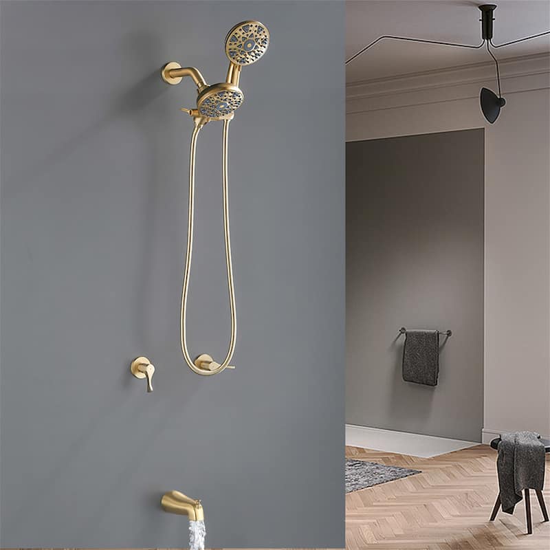 Wall Mount Dual Head Shower Faucet with Tub Spout Brass Complete Shower System with Handheld Shower Valve Included