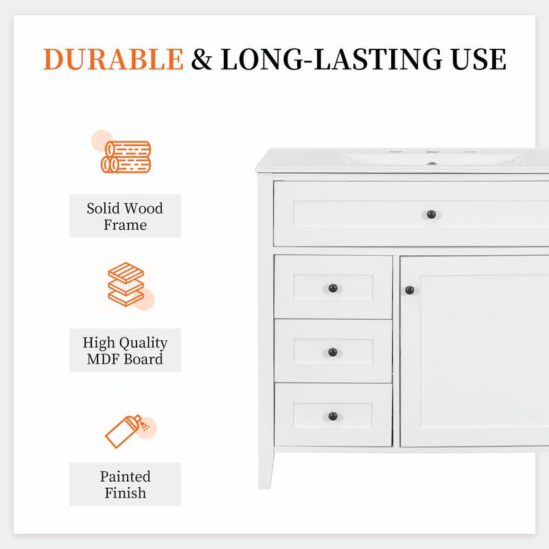 Bathroom Vanity with Sink, Modern MDF and Rubberwood Cabinet with 3 Drawers and Adjustable Shelf
