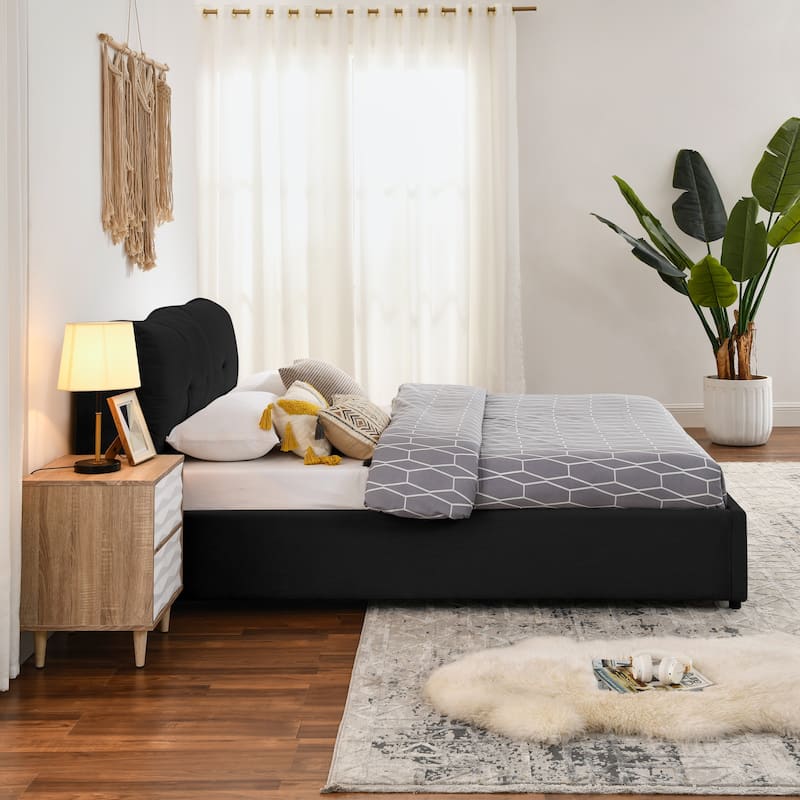 Chenille Storage Bed Frame, Hydraulic Lift Platform Bed with Under Bed Storage and Integrated Headboard, No Box Spring Needed