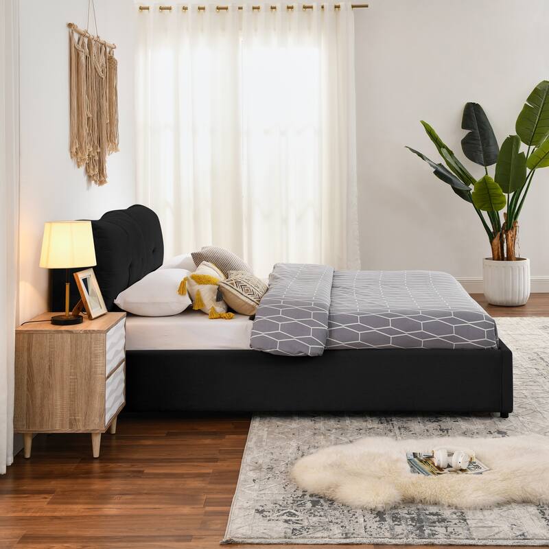 Hydraulic Storage Bed Frame Chenille Upholstered Platform Bed Queen Size Low Profile Bed with Integrated Headboard