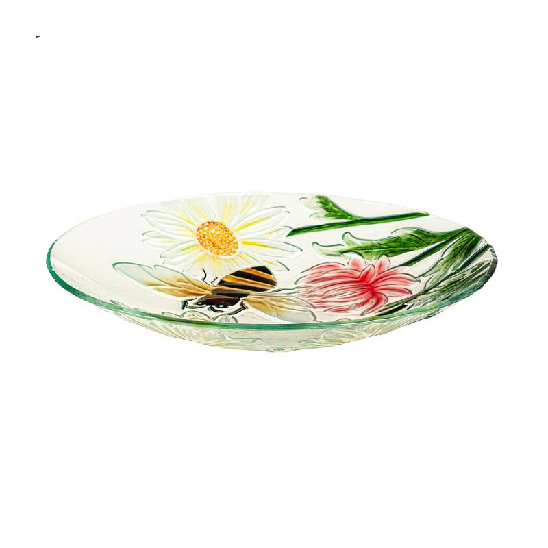 18" Hand Painted Daisies & Bee Glass Bird Bath
