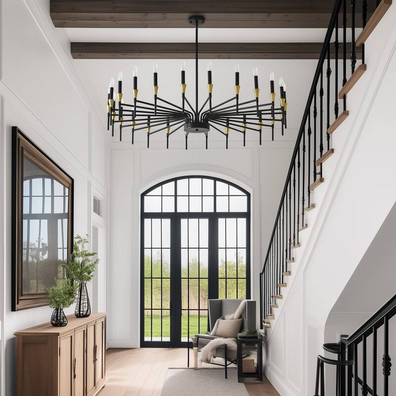 48-Inch Modern Black Farmhouse Chandelier，16-Light Industrial Round Hanging Light Fixture
