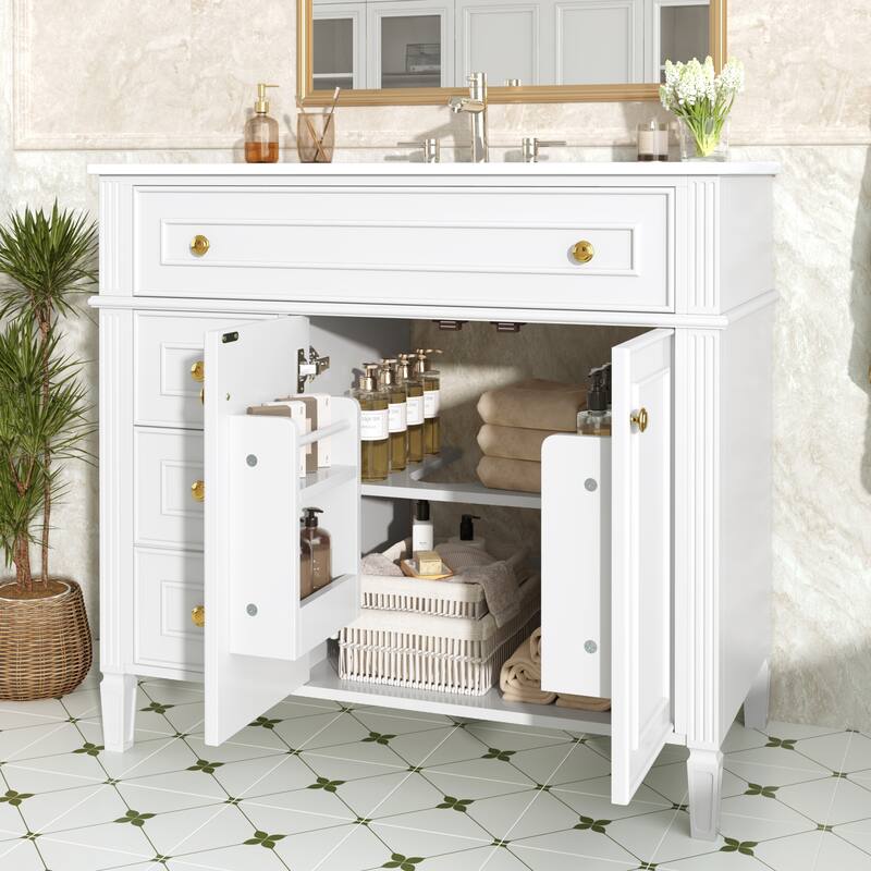 Modern 36 Inch Bathroom Vanity with Ceramic Sink, Solid Wood Frame Bathroom Storage Cabinet with Drawers and Gold Handles