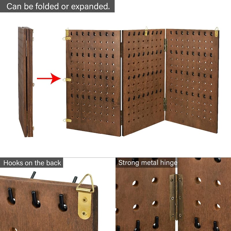 Wall-Mountable Wooden Foldable 3-Panel Pegboard Jewelry Display Organizer with 48 Removable Hooks - S