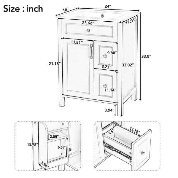 dimension image slide 0 of 4, GDFStudio - Cielo 24" Bathroom Vanity with Ceramic Sink, 2 Soft Close Drawers, Door & Storage Racks
