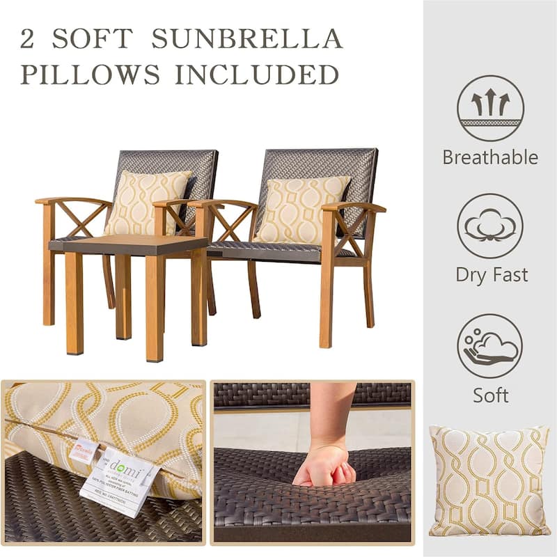 Patio Bistro Set 3 Pieces with Wicker Padded Porch Chairs, Coffee Table, Outdoor Conversation Set with Pillows