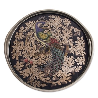 Handmade Mystic Peacock In Silver Reverse-Painted Glass Tray (Peru) - 2.4" H x 17.75" Diam.
