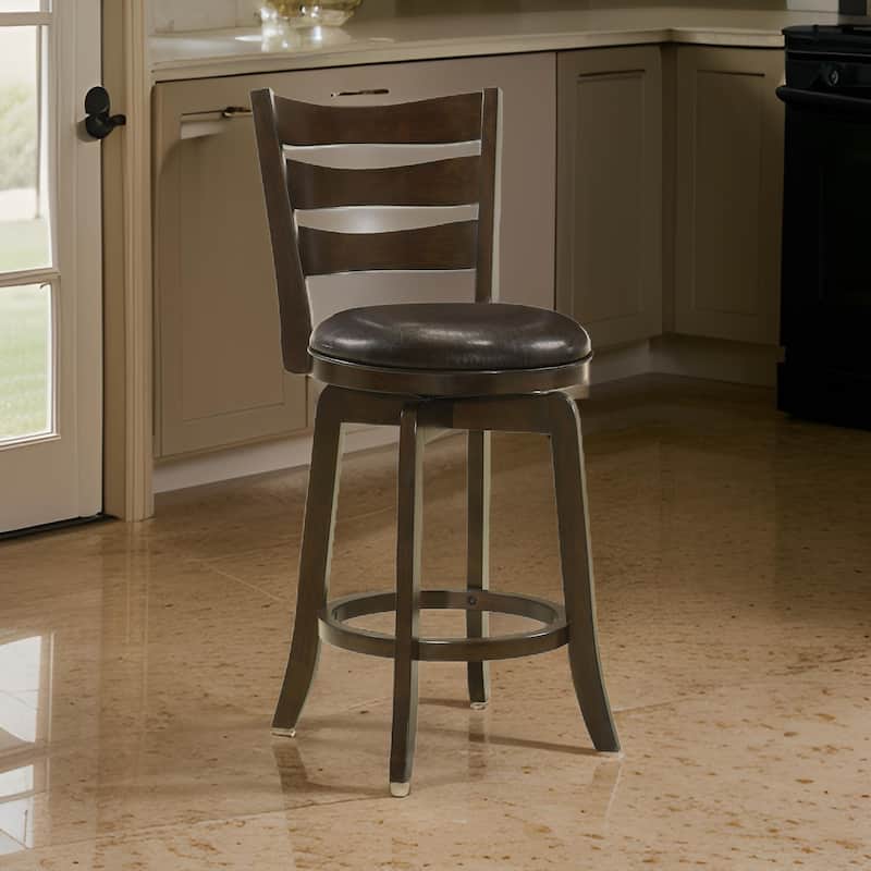 Mona Swivel Counter Height Chair, Dark Brown Faux Leather Cherry Brown Wood