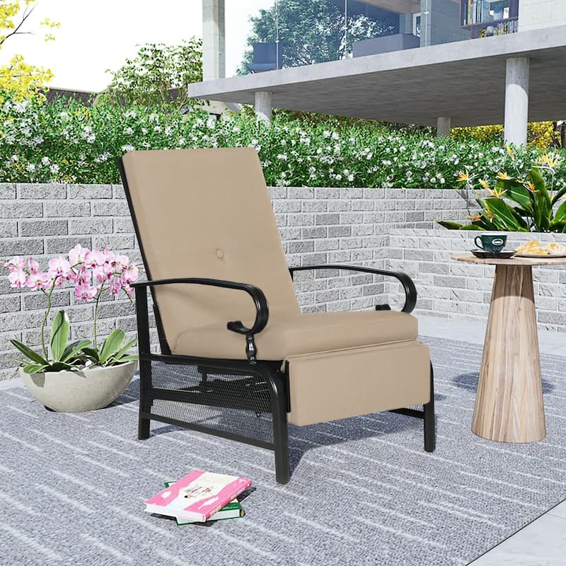 Outdoor Metal Patio Adjustable Recliner Lounge Chair & Bistro Table Set, Retractable Steel Frame and Removable Thick Cushion