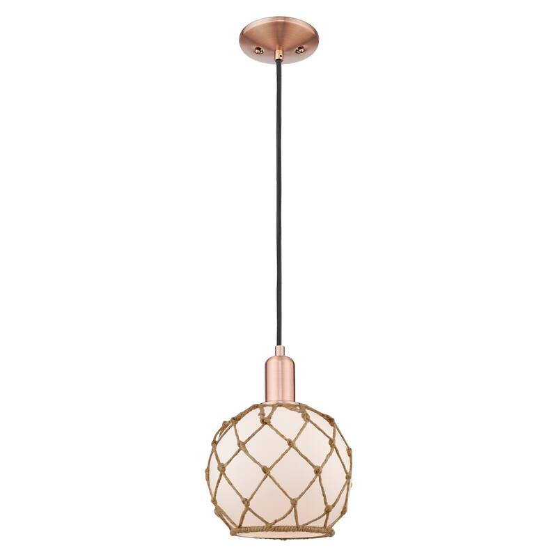 Innovations Lighting Endless Possibilities Arcadia - Farmhouse Rope - 1 Light 8" Cord Hung Mini Pendant - White Glass with Brown Rope/Antique Copper
