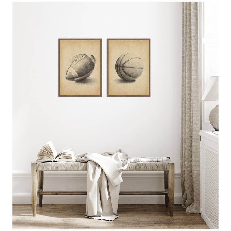 Kate and Laurel Vintage Football & Basketball 2 Piece Framed Canvas Wall Art Set by The Creative Bunch Studio