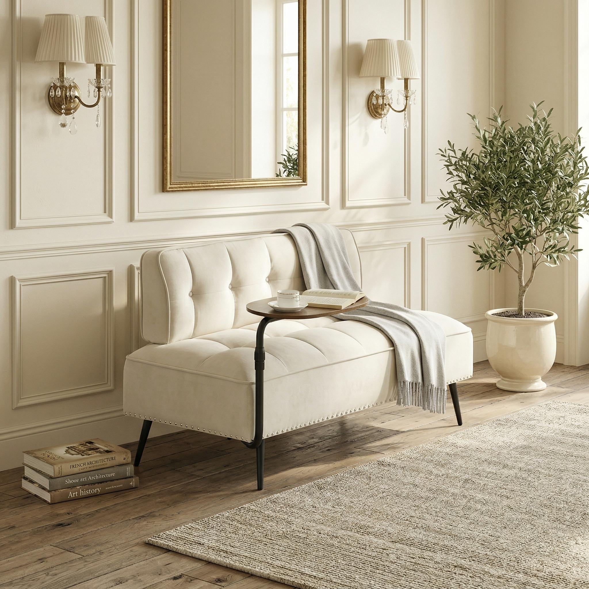 Homy Casa 54 in Contemporary Velvet Loveseat Sofa with 360 Rotating Side Table, Memory Foam Seat for Small Spaces