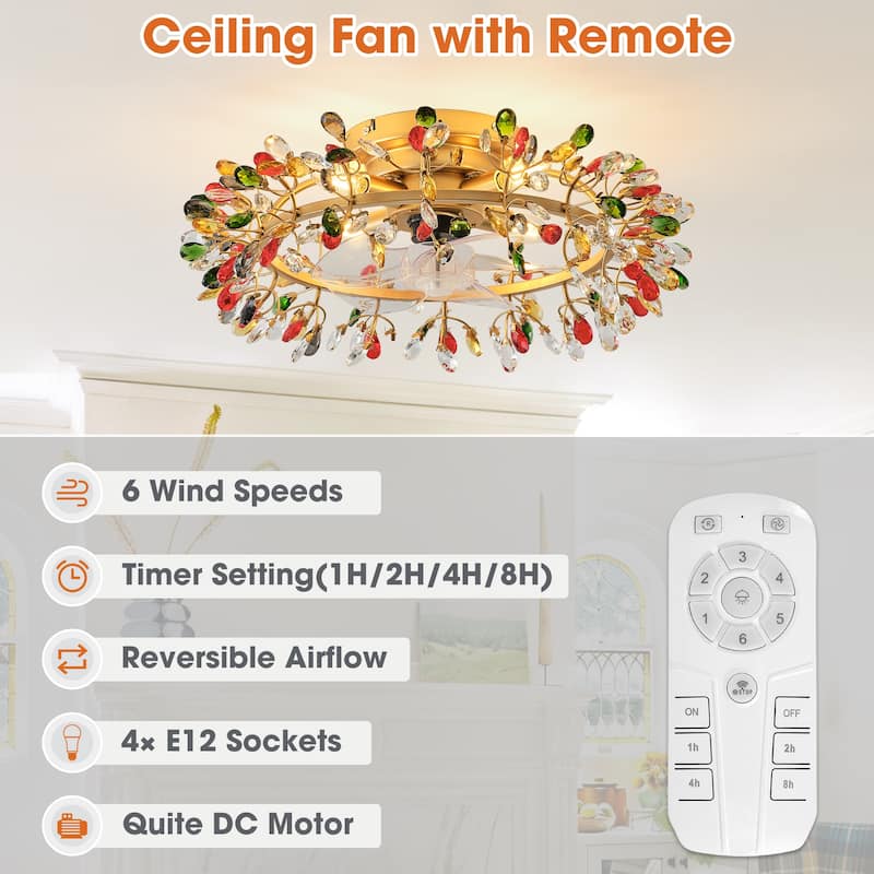 23" Modern Gold 4-Light Crystal Low-Profile Flush Mount Ceiling Fan with Remote